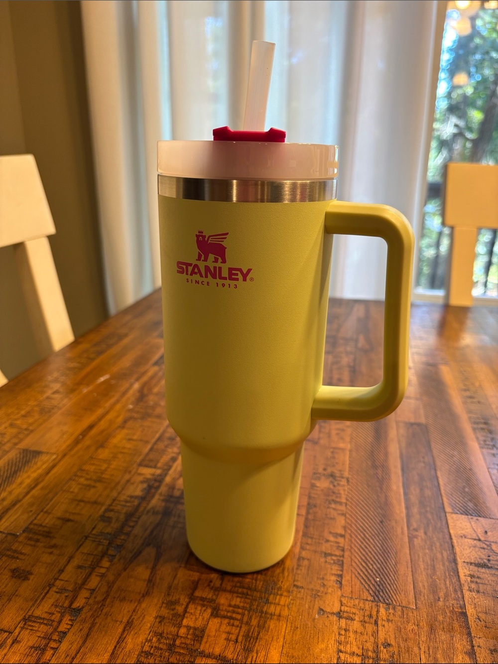 Stanley Yellow Travel Mug with Handle and Pink Logo